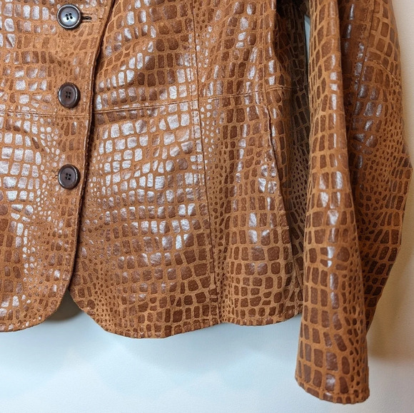 Vintage Brown  Leather Reptile Snake Alligator Print Button Front Jacket Large - Picture 4 of 10